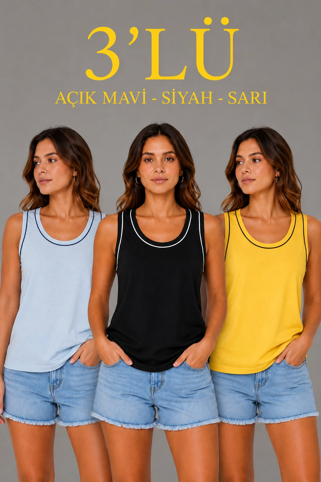 Kadın 3’lü Kolsuz Sporcu Atlet Seti Yazlık Bisiklet Yakalı – Sarı, Siyah, Bebe Mavisi