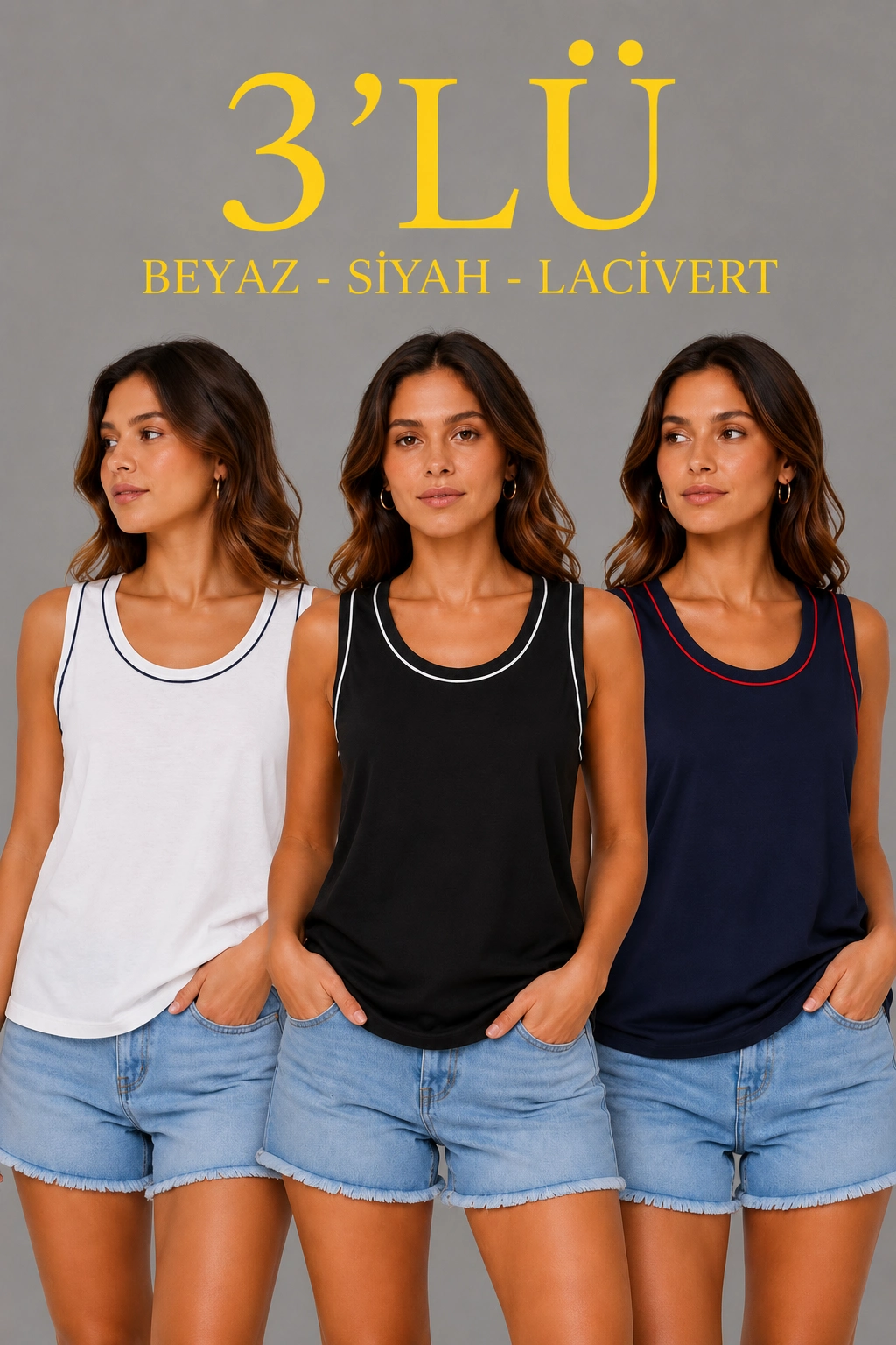 Kadın 3’lü Kolsuz Sporcu Atlet Seti Yazlık Bisiklet Yakalı – Siyah, Lacivert, Beyaz