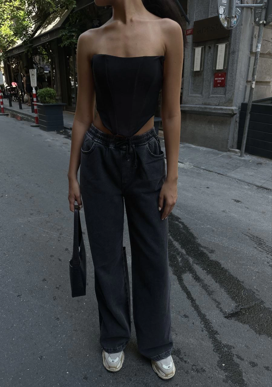 Kadın Arkadan Yırtmaçlı Jeans Kot Palazzo Pantolon – Siyah