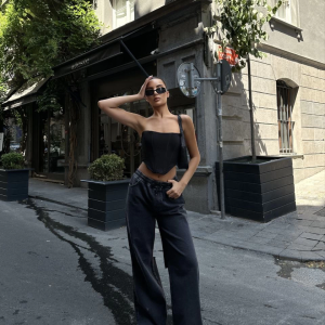 Kadın Arkadan Yırtmaçlı Jeans Kot Palazzo Pantolon – Siyah