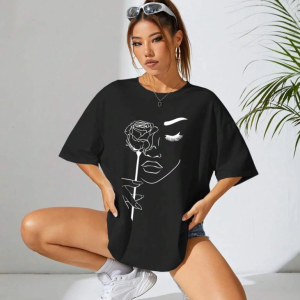 Kadın Tişört Baskılı Kısa kol Oversize T-shirt – Siyah