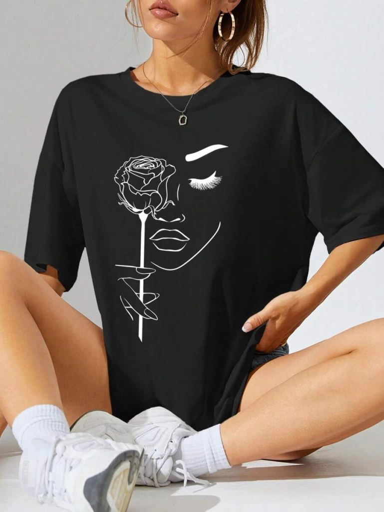Kadın Tişört Baskılı Kısa kol Oversize T-shirt – Siyah