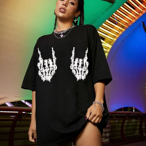 Kadın Baskılı T-Shirt Kısa Kol Bisiklet Yaka Oversize Rahat Kalıp Tişört – Siyah