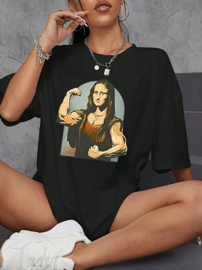 Kadın Baskılı T-Shirt Kısa Kol Bisiklet Yaka Oversize Rahat Kalıp Tişört – Siyah