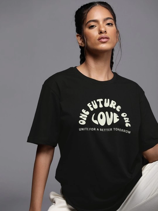 Kadın Baskılı T-Shirt Kısa Kol Bisiklet Yaka Oversize Rahat Kalıp Tişört – Siyah