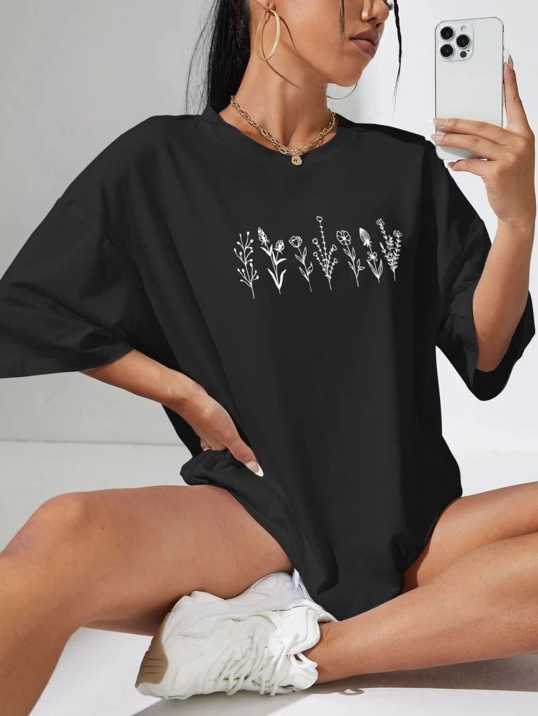 Kadın Baskılı T-Shirt Kısa Kol Bisiklet Yaka Oversize Rahat Kalıp Tişört – Siyah