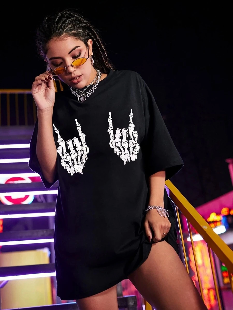 Kadın Baskılı T-Shirt Kısa Kol Bisiklet Yaka Oversize Rahat Kalıp Tişört – Siyah
