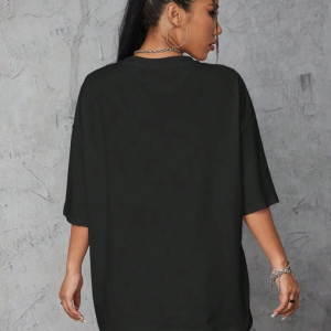 Kadın Baskılı T-Shirt Kısa Kol Bisiklet Yaka Oversize Rahat Kalıp Tişört – Siyah