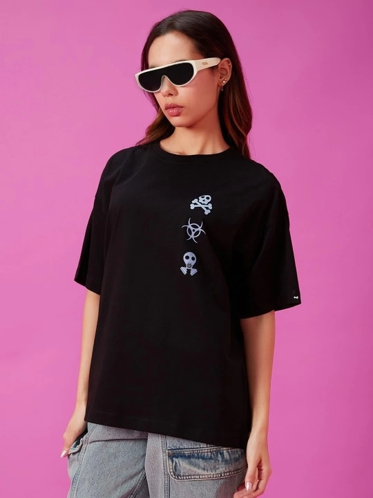 Kadın Kısa Kol Yazlık Tişört Bisiklet Yaka Baskılı Oversize T-Shirt – Siyah