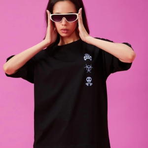 Kadın Kısa Kol Yazlık Tişört Bisiklet Yaka Baskılı Oversize T-Shirt – Siyah
