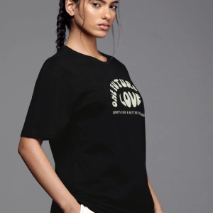 Kadın Baskılı T-Shirt Kısa Kol Bisiklet Yaka Oversize Rahat Kalıp Tişört – Siyah