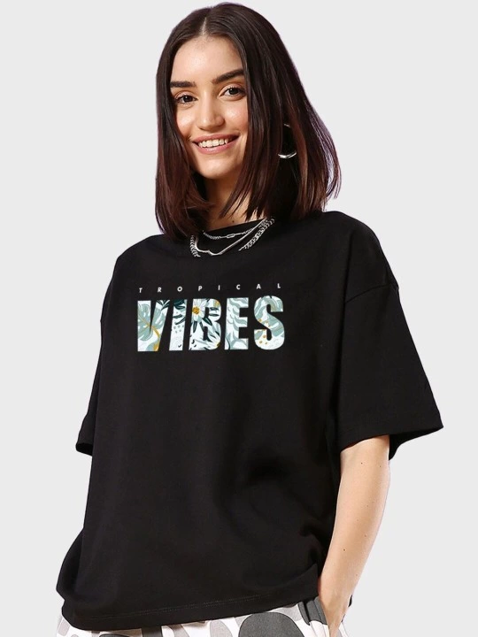 Kadın Kısa Kol Yazlık Tişört Bisiklet Yaka VIBES Baskılı T-Shirt – Siyah