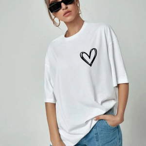 Kadın Tişört Bisiklet Yaka Baskılı Oversize T-Shirt – Beyaz