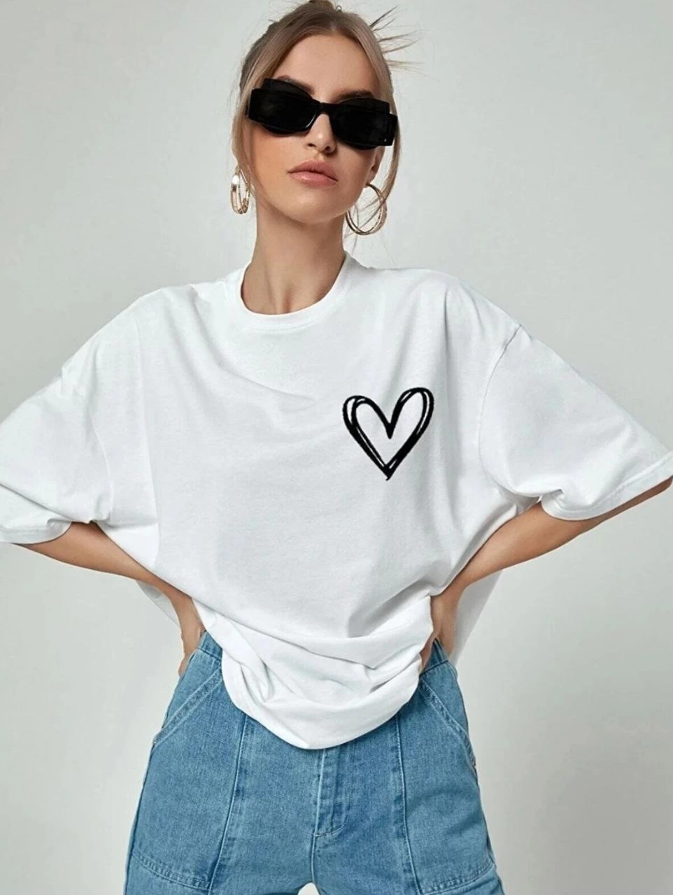 Kadın Tişört Bisiklet Yaka Baskılı Oversize T-Shirt – Beyaz