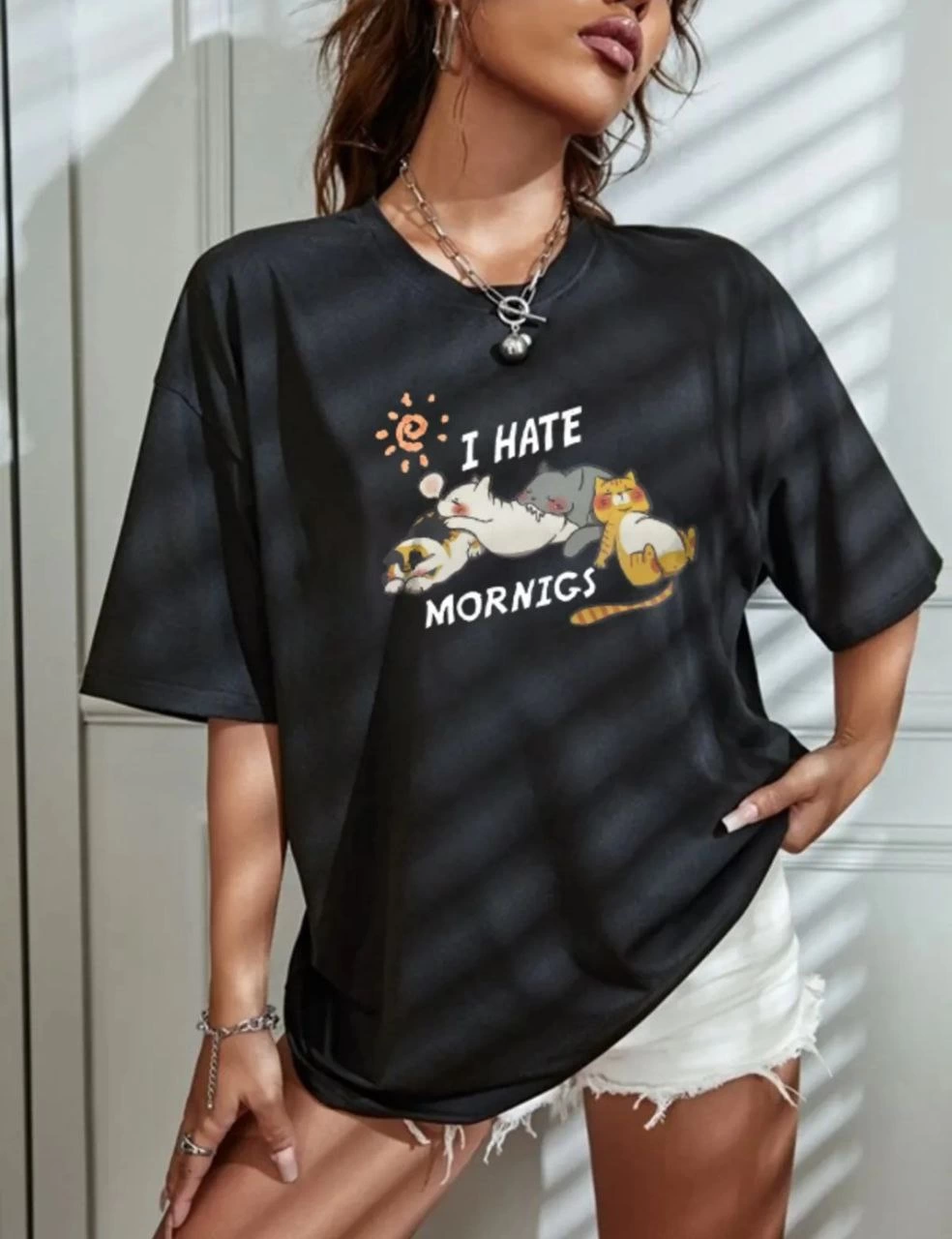 Kadın Tişört Bisiklet Yaka Baskılı Oversize T-Shirt – Siyah