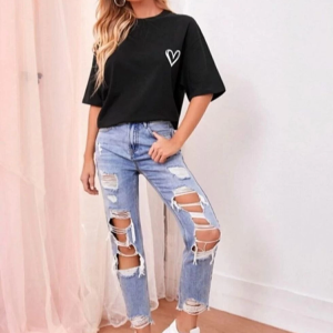 Kadın Tişört Bisiklet Yaka Baskılı Oversize T-Shirt – Siyah