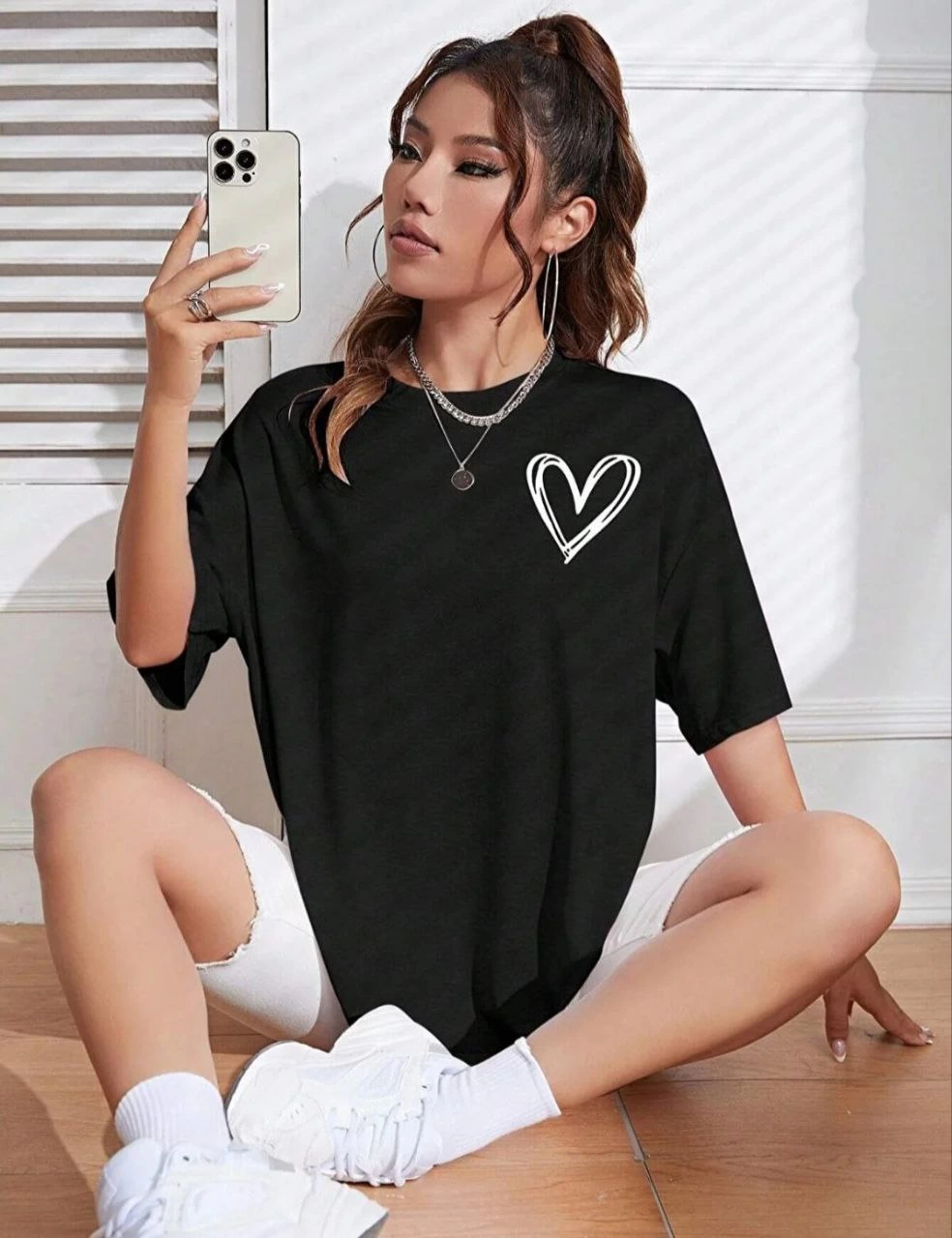 Kadın Tişört Bisiklet Yaka Baskılı Oversize T-Shirt – Siyah