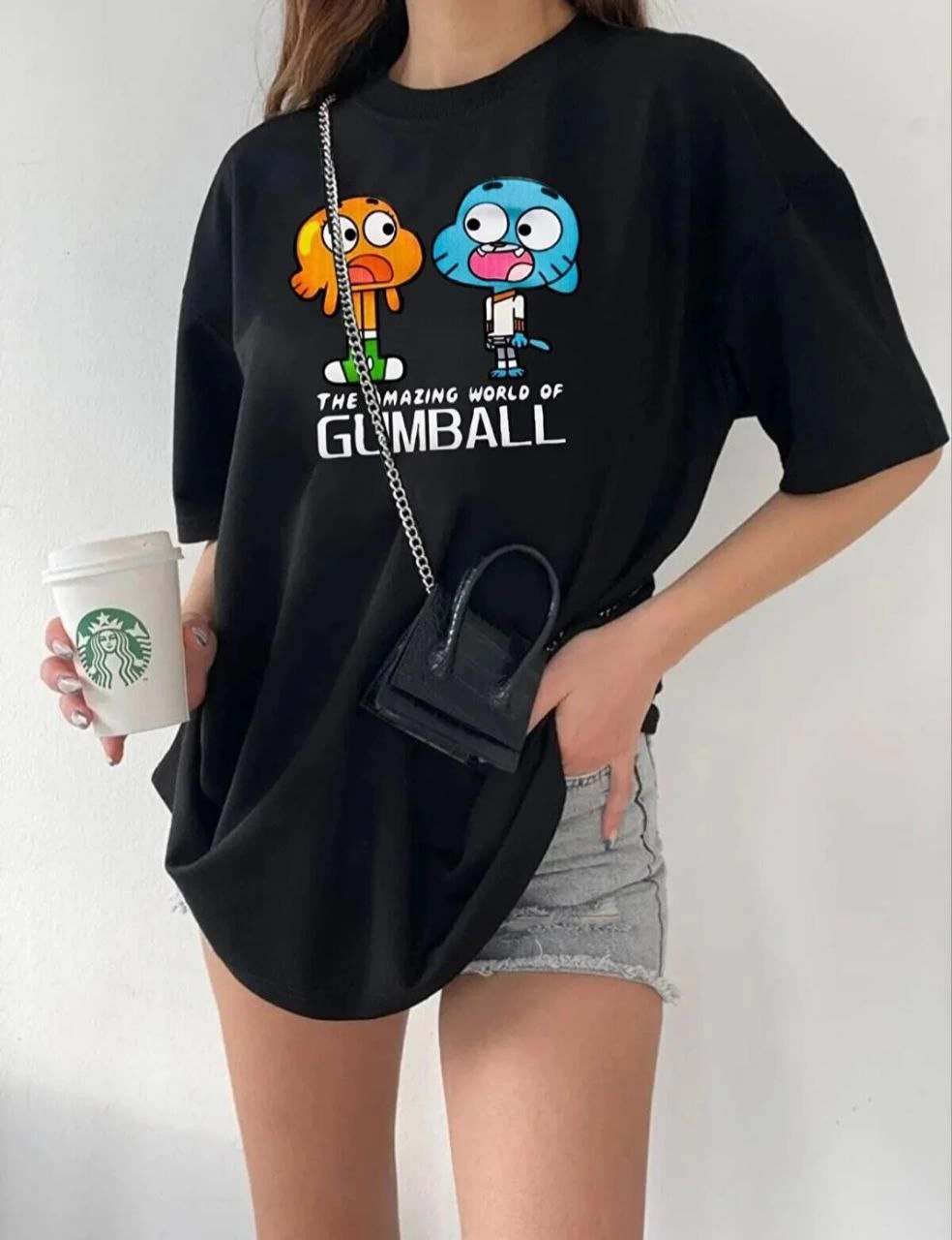 Kadın Kısa kol Tişört Bisiklet Yaka Baskılı Oversize T-Shirt – Siyah