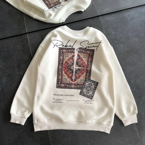 Kadın Bisiklet Yaka Kilim Halı Baskılı 3 İplik Pamuklu Sweatshirt – Beyaz
