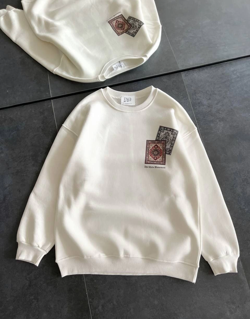 Kadın Bisiklet Yaka Kilim Halı Baskılı 3 İplik Pamuklu Sweatshirt – Beyaz