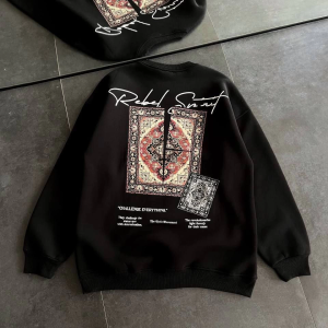 Kadın Bisiklet Yaka Kilim Halı Baskılı 3 İplik Pamuklu Sweatshirt – Siyah