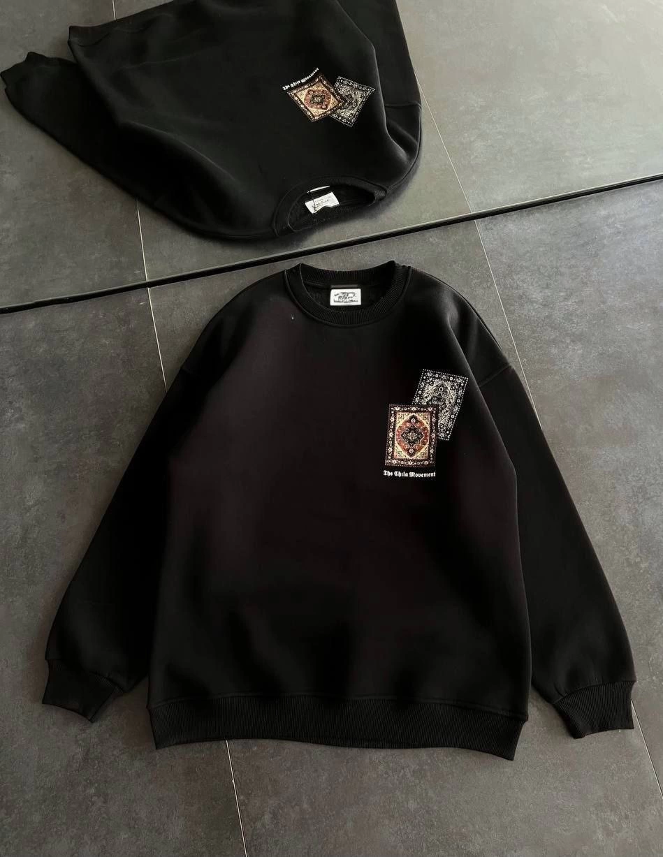 Kadın Bisiklet Yaka Kilim Halı Baskılı 3 İplik Pamuklu Sweatshirt – Siyah