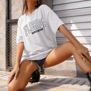 Kadın Kısa Kol Yazlık Tişört Bisiklet Yaka FLORIDA Baskılı T-Shirt – Beyaz