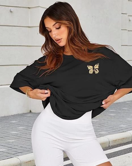 Kadın Baskılı T-Shirt Kısa Kol Bisiklet Yaka Oversize Rahat Kalıp Tişört – Siyah