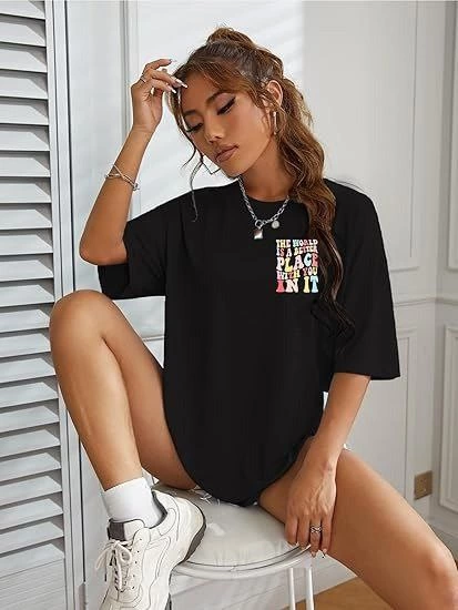 Kadın Baskılı T-Shirt Kısa Kol Bisiklet Yaka Oversize Rahat Kalıp Tişört – Siyah