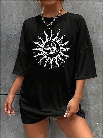 Kadın Baskılı T-Shirt Kısa Kol Bisiklet Yaka Regular Fit Rahat Kalıp Tişört – Siyah
