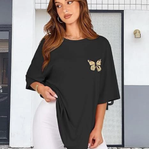 Kadın Baskılı T-Shirt Kısa Kol Bisiklet Yaka Oversize Rahat Kalıp Tişört – Siyah