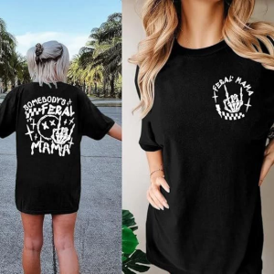 Kadın Baskılı T-Shirt Kısa Kol Bisiklet Yaka Oversize Rahat Kalıp Tişört – Siyah