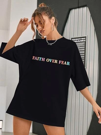 Kadın Baskılı T-Shirt Kısa Kol Bisiklet Yaka Oversize Rahat Kalıp Tişört – Siyah