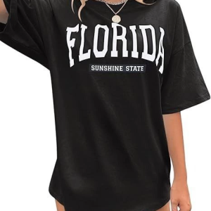 Kadın Kısa Kol Yazlık Tişört Bisiklet Yaka FLORIDA Baskılı T-Shirt – Siyah