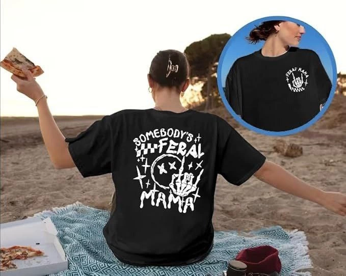 Kadın Baskılı T-Shirt Kısa Kol Bisiklet Yaka Oversize Rahat Kalıp Tişört – Siyah