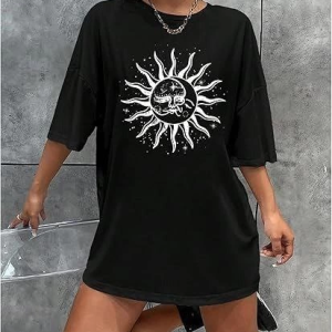 Kadın Baskılı T-Shirt Kısa Kol Bisiklet Yaka Regular Fit Rahat Kalıp Tişört – Siyah