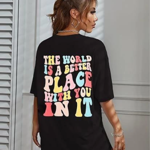 Kadın Baskılı T-Shirt Kısa Kol Bisiklet Yaka Oversize Rahat Kalıp Tişört – Siyah