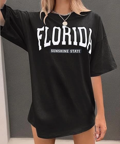 Kadın Kısa Kol Yazlık Tişört Bisiklet Yaka FLORIDA Baskılı T-Shirt – Siyah