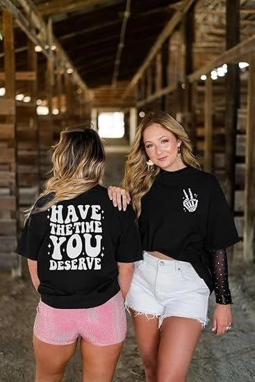 Kadın Baskılı T-Shirt Kısa Kol Bisiklet Yaka Oversize Rahat Kalıp Tişört – Siyah