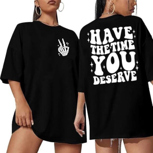 Kadın Baskılı T-Shirt Kısa Kol Bisiklet Yaka Oversize Rahat Kalıp Tişört – Siyah