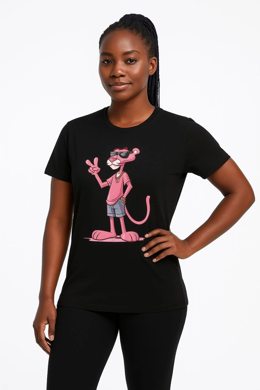 Kadın Bisiklet Yaka Kısa Kollu Baskılı T-shirt – Siyah