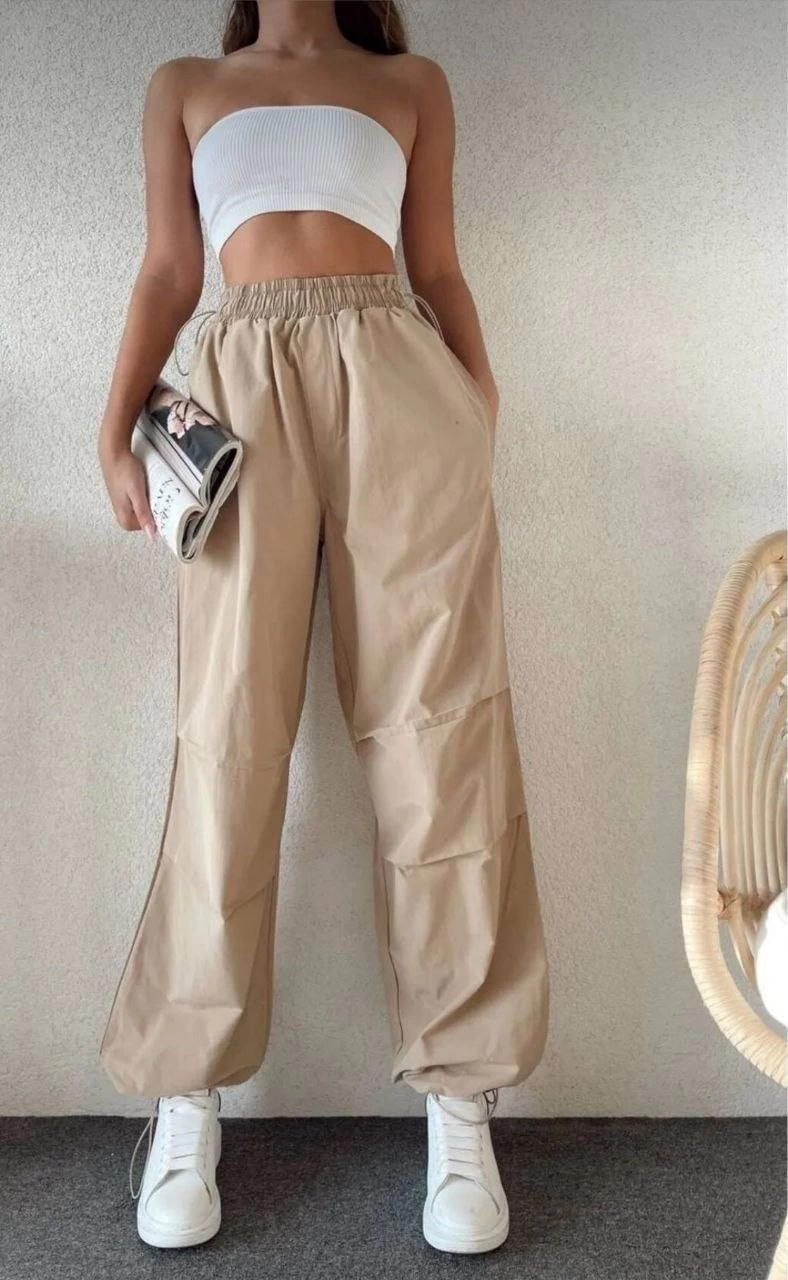 Kadın Cepli Paraşut Pantolon – Bej