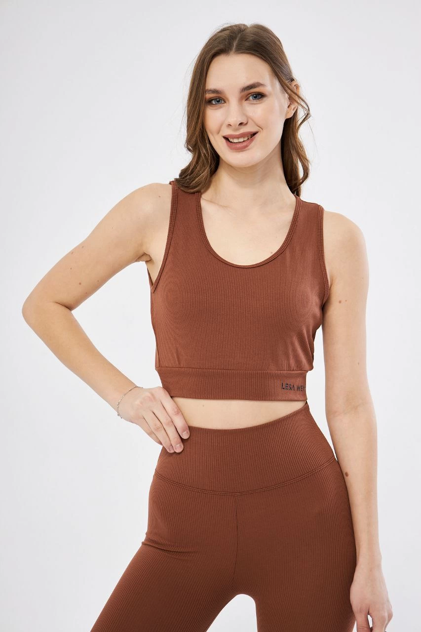 Kadın Fitilli Baskılı Crop – Kahve