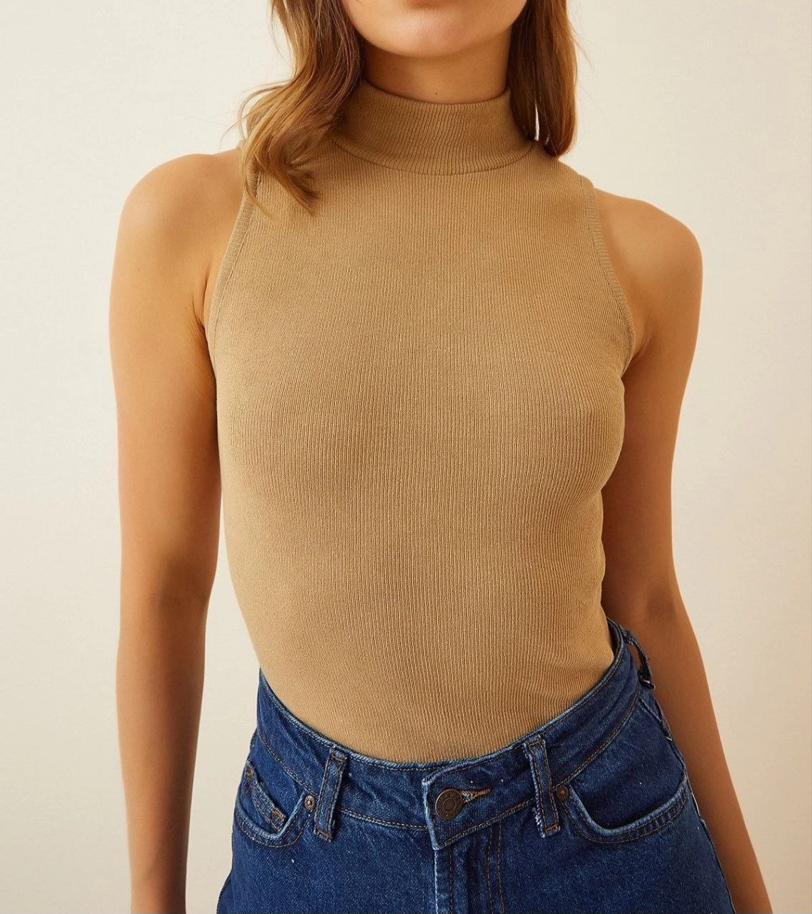 Kadın Full Likralı Fitilli Kaşkorse Body – Camel