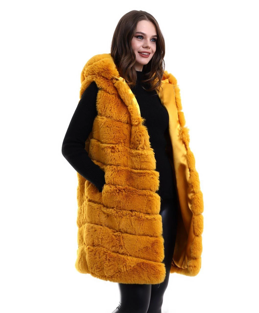 Kadın Kapüşonlu Peluş Kürk Yelek Premium Kalite Tam Astarlı Uzun Model – Sarı