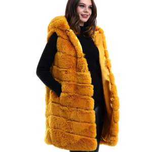 Kadın Kapüşonlu Peluş Kürk Yelek Premium Kalite Tam Astarlı Uzun Model – Sarı
