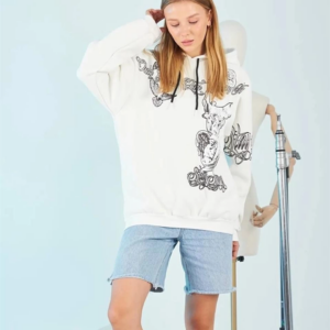 Kadın Oversize Kapüşonlu Baskılı 3 İplik Pamuklu Hoodie Sweatshirt - B