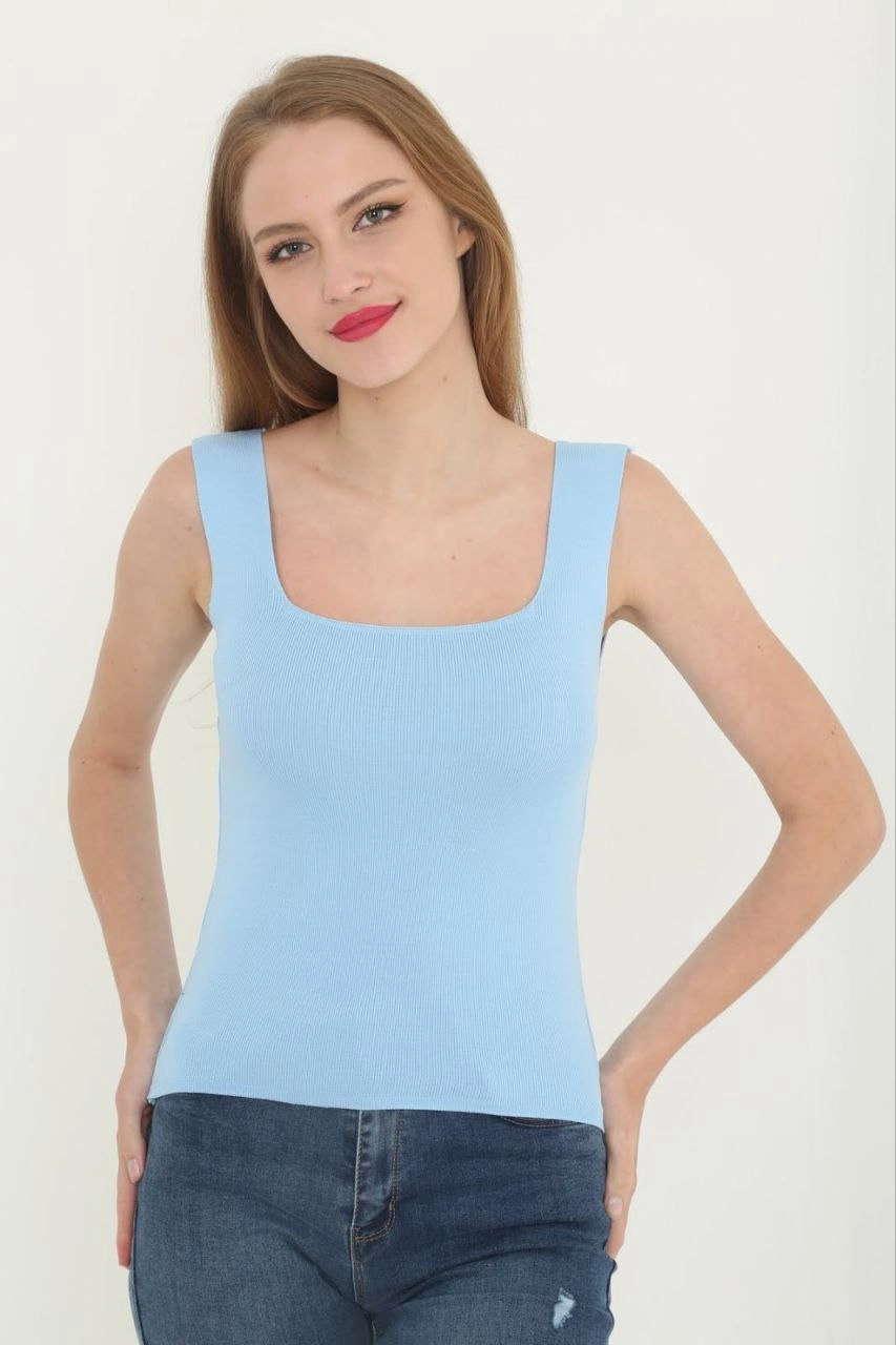 Kadın Kare Yaka Detay Crop – Mavi
