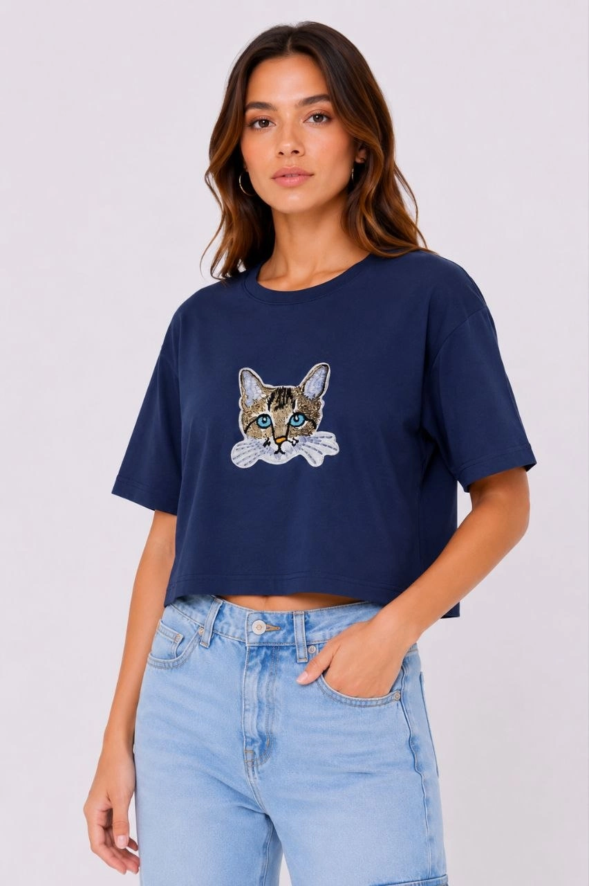 Kadın Kedi Baskılı Oversize Crop Tişört Salaş Basic Yarım Kol T-shirt – Lacivert