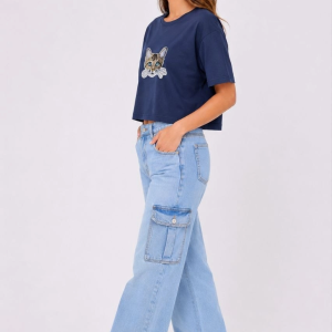 Kadın Kedi Baskılı Oversize Crop Tişört Salaş Basic Yarım Kol T-shirt – Lacivert